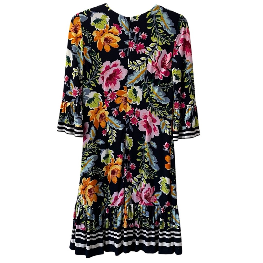 Eliza J Dress Floral Print Striped Ruffle Hem Navy Multicolor Women’s Size 4 - Picture 2 of 4